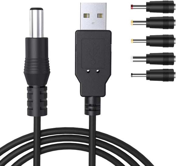 USB A Male To DC Plug Cable - 5V Power Cord With 2.1mm, 2.5mm, 3.5mm, 5.5mm Tips