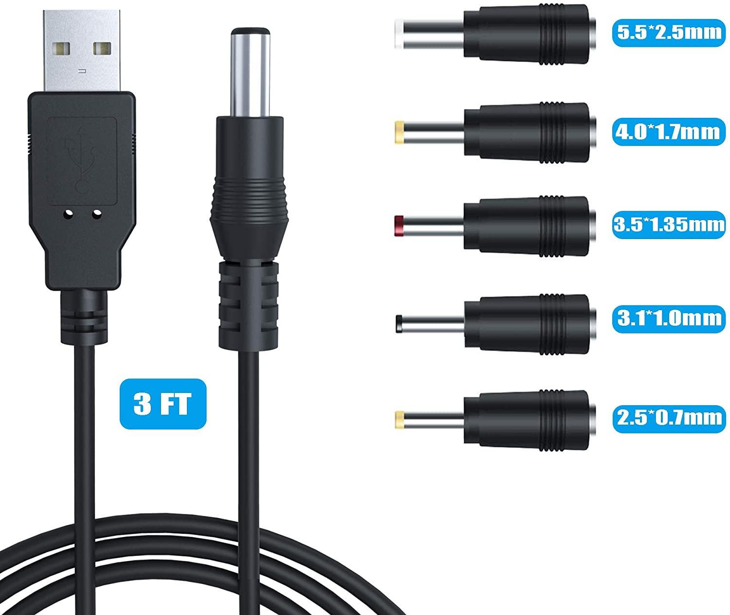 USB A Male to 2.0 2.1 2.5 3.5 4.0 5.5mm Connector 5V DC Charger