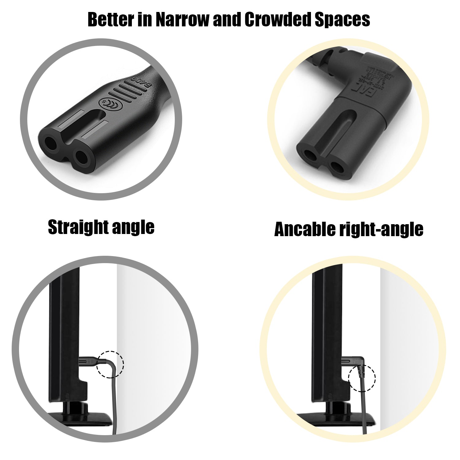 3ft Right-Angle Flat Plug AC Power Cord – Ideal For Wall-Mounted TVs, LCD, LED Monitors – Saves Space, Clean Look, No Bulk